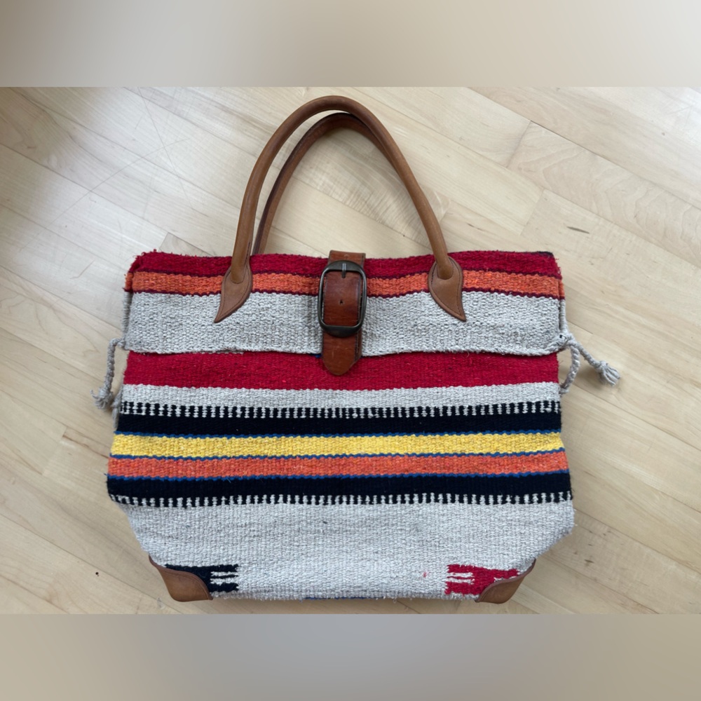 Striped Woven Tote Bag with Red, Yellow and Black Accents